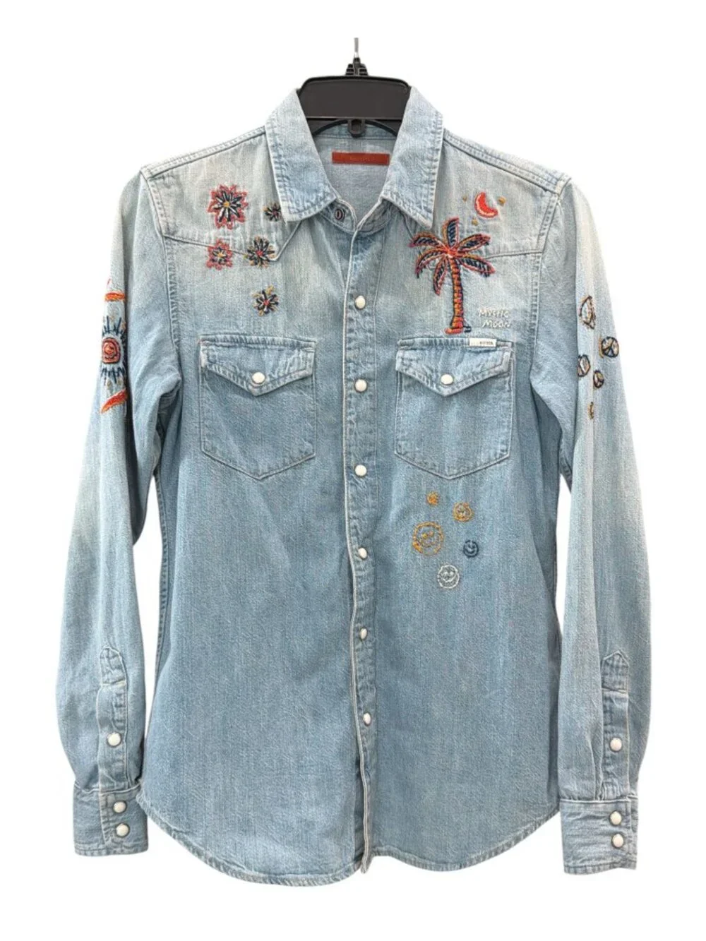 Mother Womens Embroidered Denim Shirt XS "All My Exes" Light Wash - Picture 2 of 11